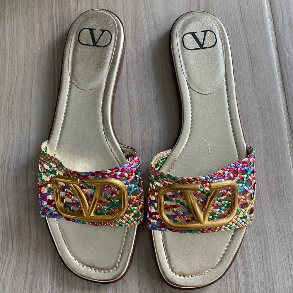 Valentino Garavani VLogo Multi-colormetallic leather weave slides. Size 40
